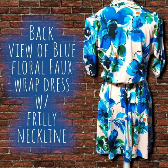 Blue Floral Faux Wrap Knee Length Dress w/Frilly Neckline - Picture 2 of 10